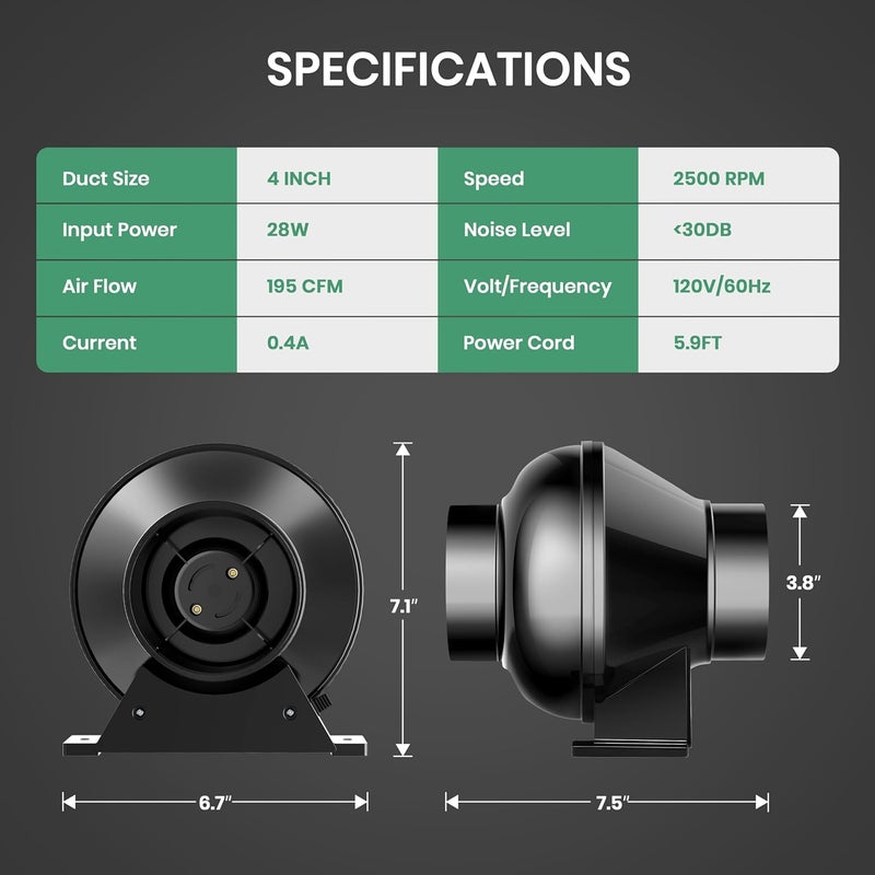 HealSmart 4 Inch Inline Duct Fan, 195 CFM Ventilation Fan, Exhaust HVAC Vent Blower for Hydroponics, Grow Tents, Basements, Attics, 2 Packs, Black - Image 4